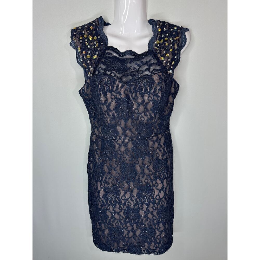 City Triangles Rhinestones & Pearls Sleeve Glitter Lace Mini Dress Sz. 5 (SMALL)